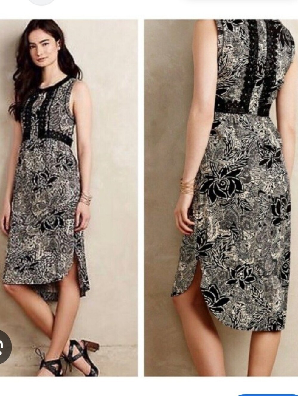 Anthropologie Holding Horses Suraja Black Cream Floral Sleeveless Shift Dress